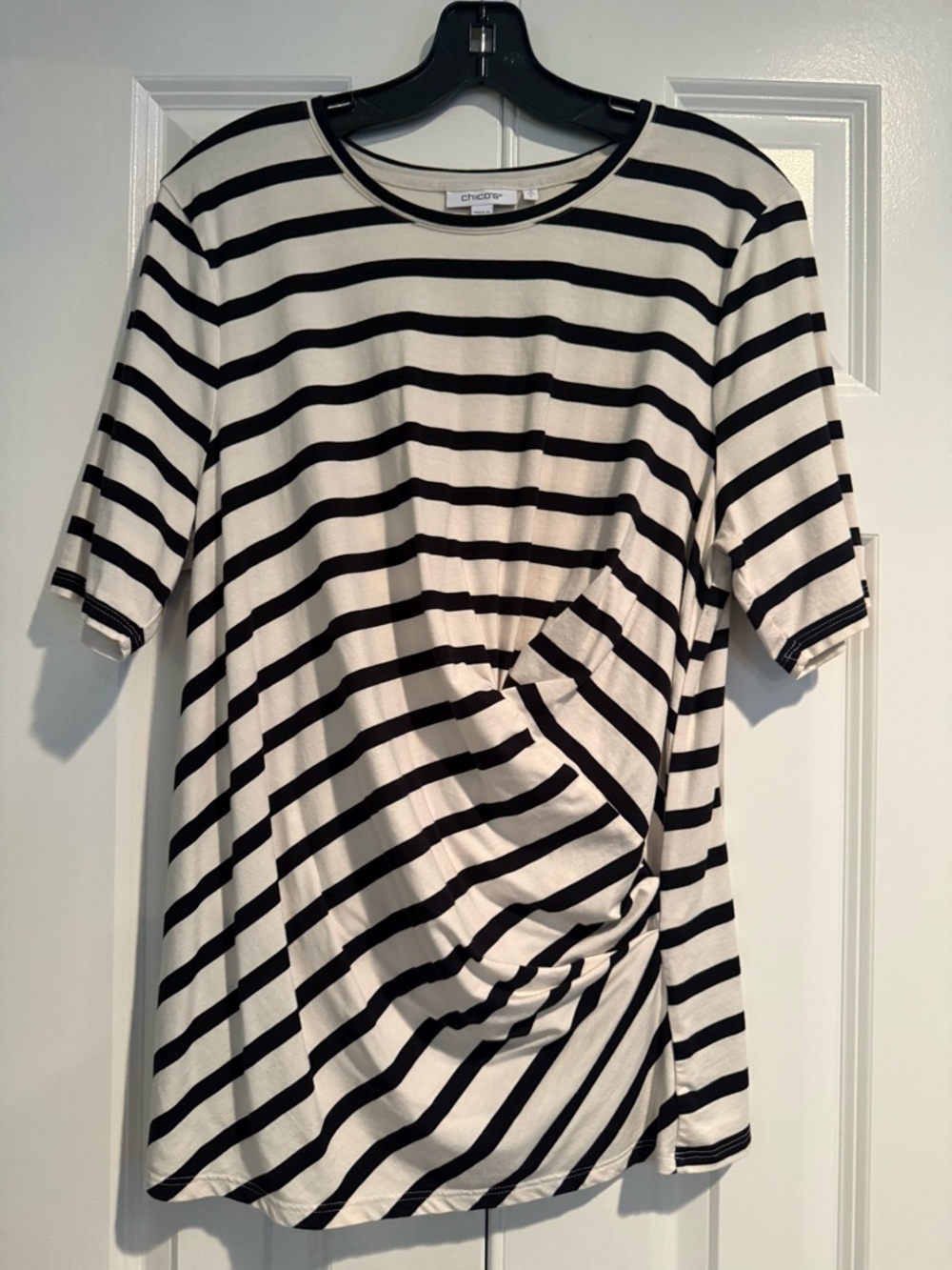 Chico's Black and White Striped Short Sleeve Twist-Front Tee